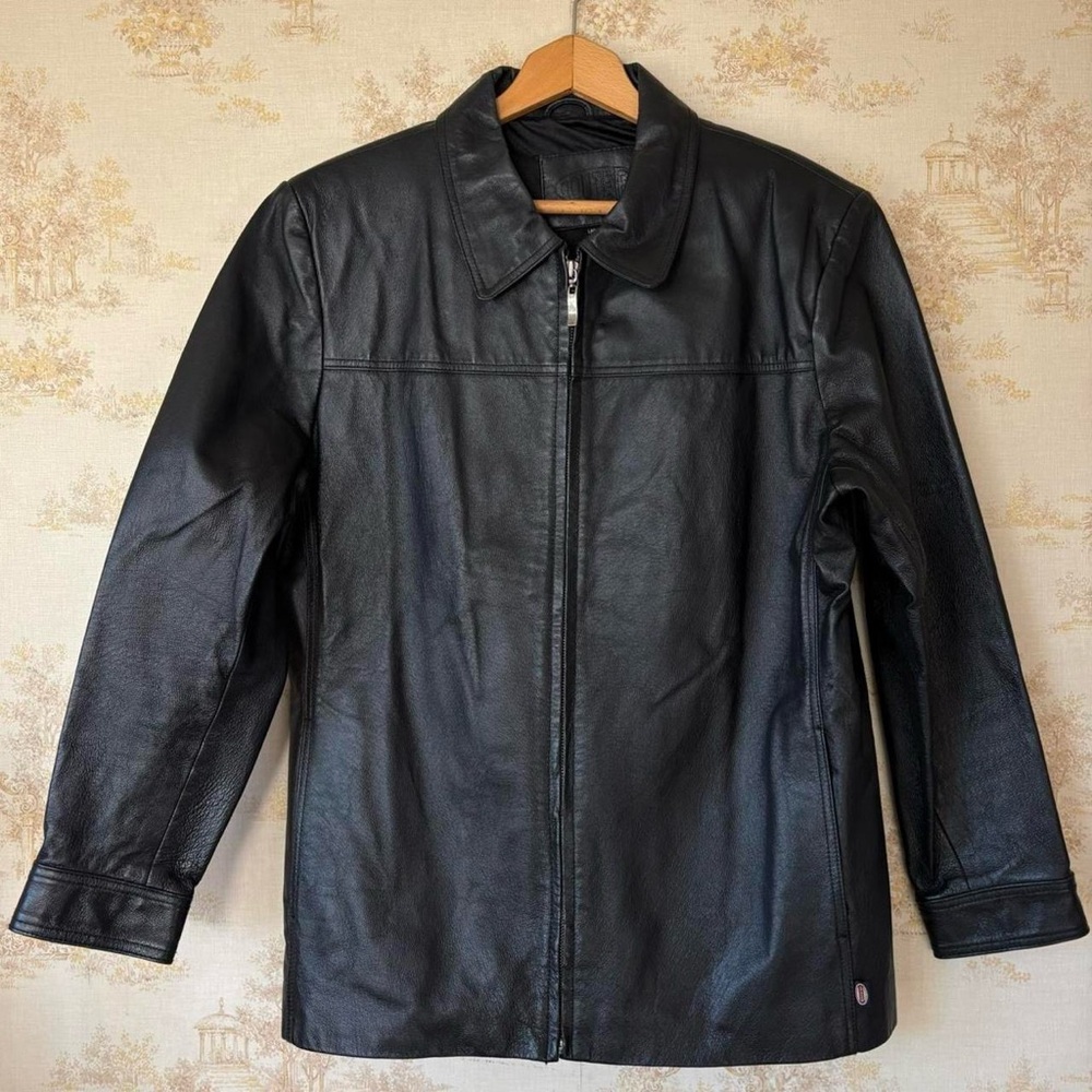 Vintage Route 66 black leather full zip collared motorcycle jacket size L